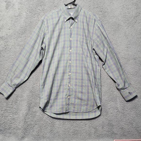 Peter Millar‎ Dress Shirt Blue Brown Green Plaid Button Front Embroidered Medium - Picture 1 of 7